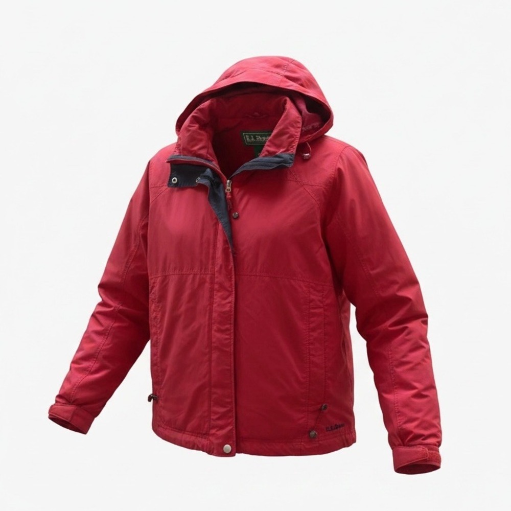 LL Bean Women's Red Hooded Windbreaker Jacket Nylon Full Zip Rain Coat Large L‎